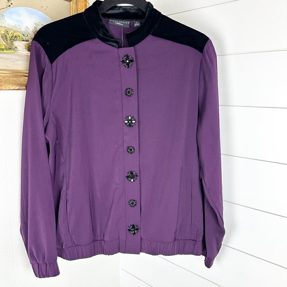 Susan Graver Artisian Stretch Peachskin Bomber Jacket Size 8 NWT Eggplant